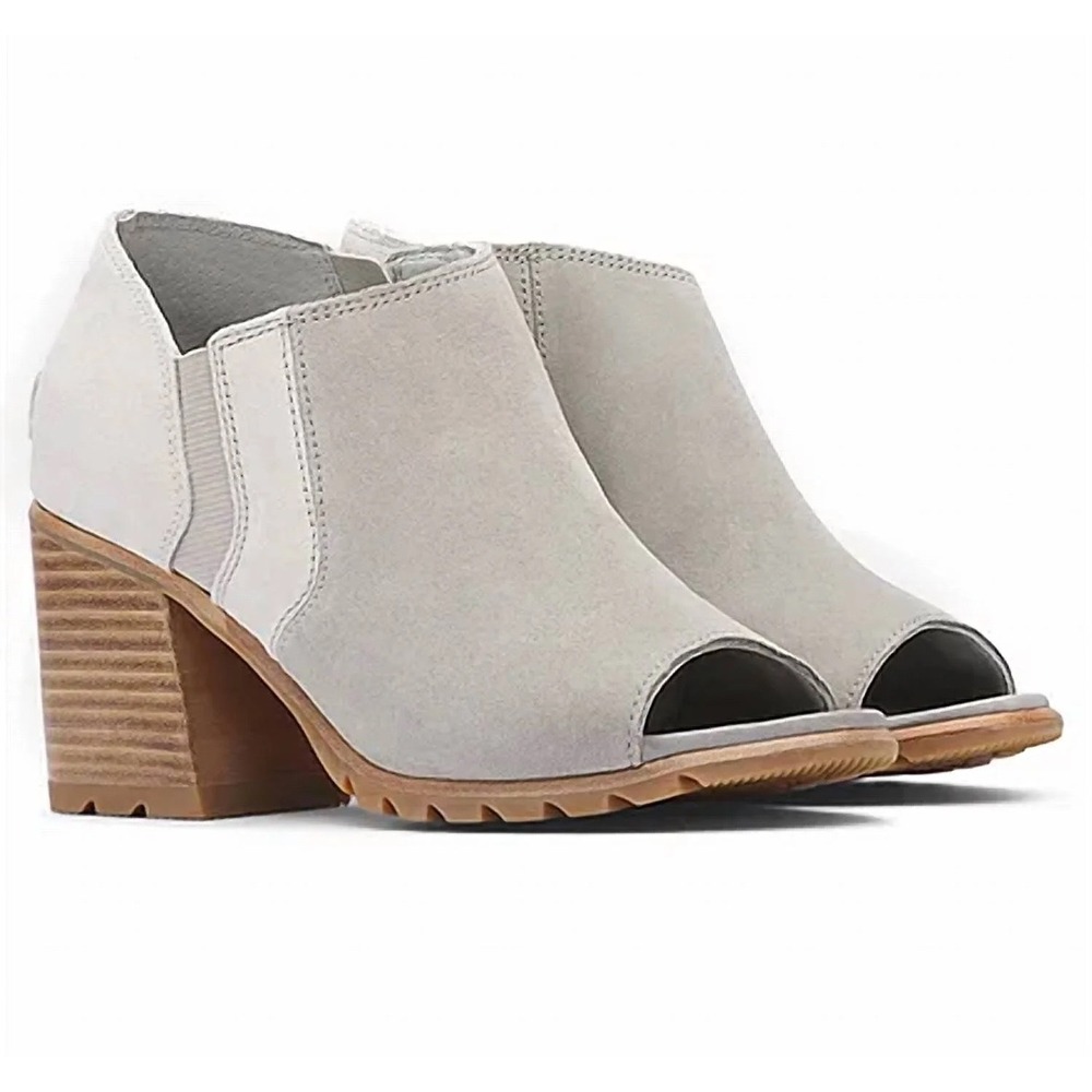 Sorel Ankle Bootie Nadia Women Size 9.5 Dove Gray Suede Heel Chunky Open Toe New